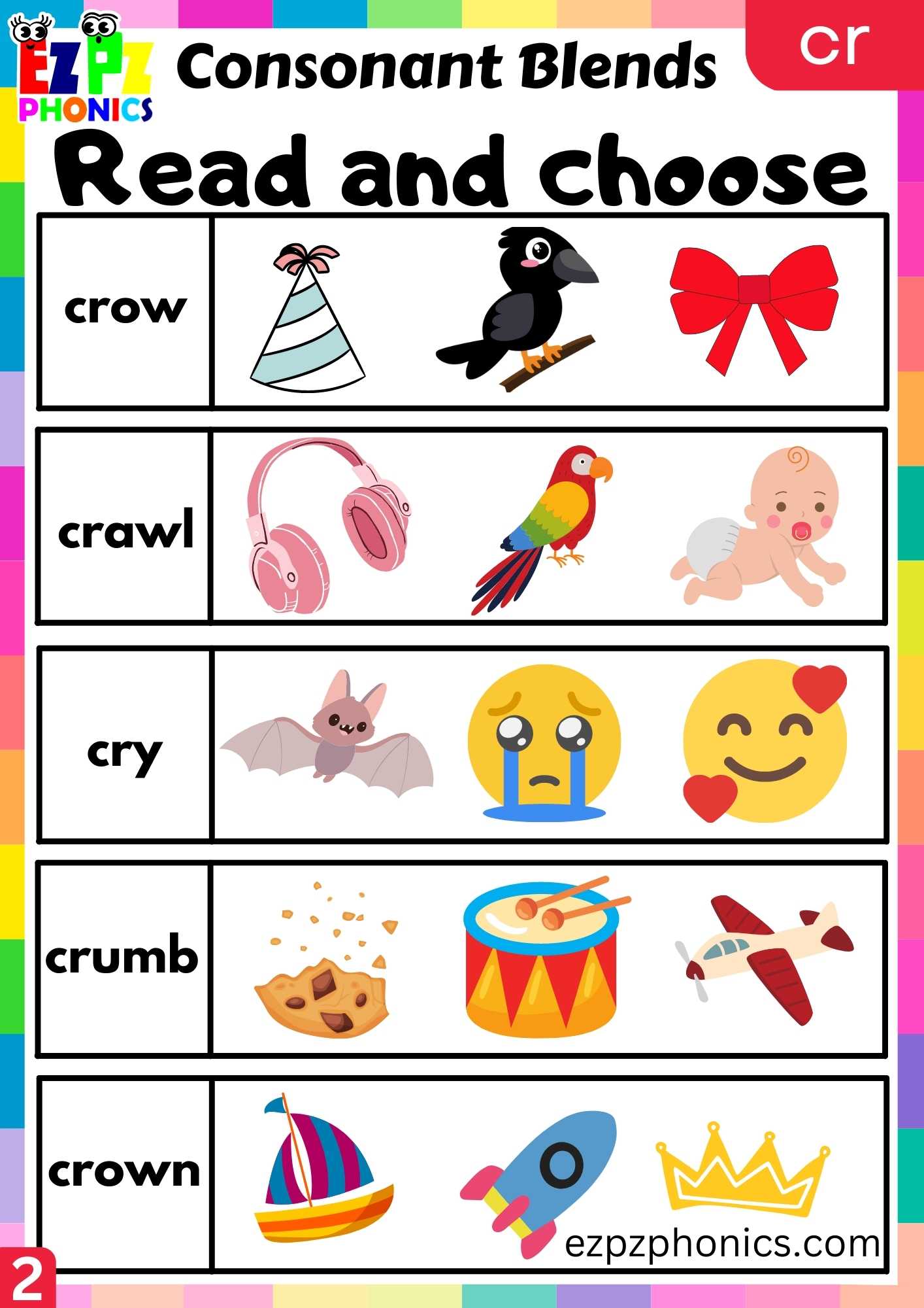 Group2 CR Words Read And Choose Phonics Consonant Blends Worksheet